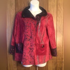 Lemon Grass womens large Rose zippered, hand printed ultra suede jacket